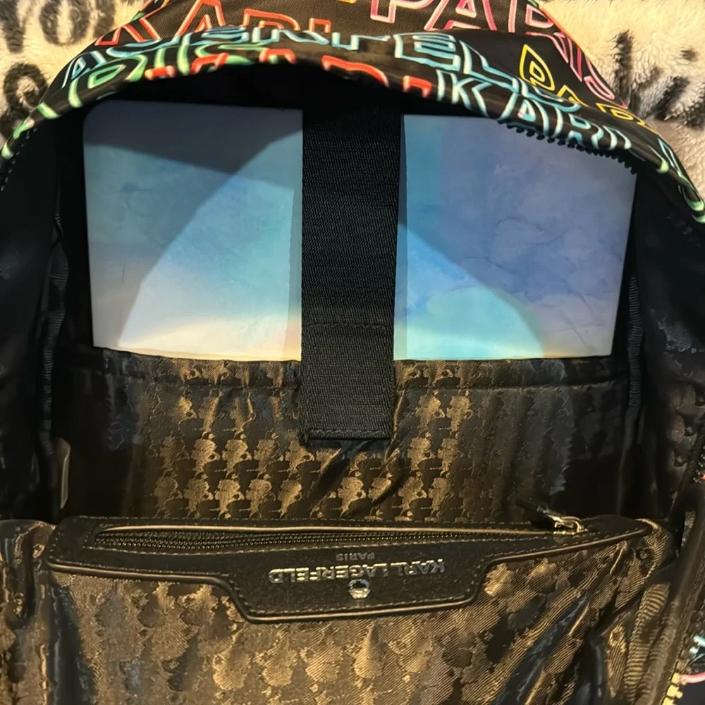 NWT Karl Lagerfeld Nylon Multi Color Backpack With 2 Side Pockets & Front Pocket - Picture 2 of 16